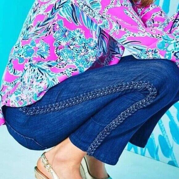 Lilly Pulitzer South Ocean Crop Flare Braided Bay Ave Denim Jeans, Sz 4 - Picture 1 of 6
